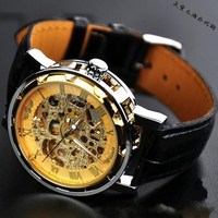 Steam 香港代购 绝美精致纯机械镂空透明黄金奢华皮革腕表手表