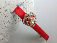 复古宫廷一字夹发卡刘海夹优质缎带红色珍珠镶钻发夹手工奢华边夹