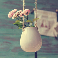 可爱白色陶瓷鸡蛋花瓶麻绳吊瓶现代简约日式宜家风格小号家居必备