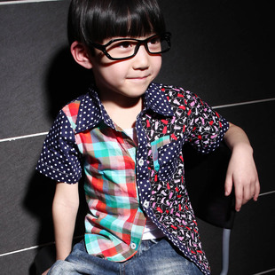 MQD童装2014新款男童夏装男童短袖衬衫韩版儿童纯棉格子衬衣潮
