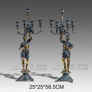 西班牙欧式复古宫廷奢华纯铜雕蓝色武士装饰烛台 别墅样板间摆件