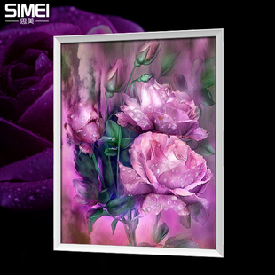 十字绣玫瑰花滴水新款卧室3D满钻大幅印花贴钻欧式紫色花卉钻石画