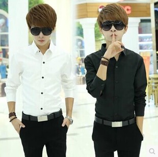 青少年学生韩版修身纯色黑白衬衣衬衫男士长袖男装潮男新款春秋季