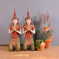 泰国木雕工艺品 木雕跪姿萨瓦迪卡 泰式装修门厅大堂招财迎宾摆件
