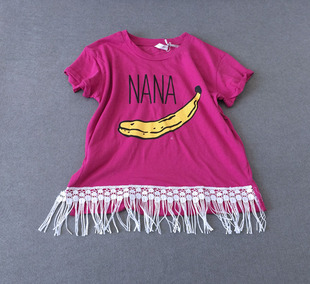 然精灵童装 韩国货香蕉流苏女童短袖T恤女宝长款T恤