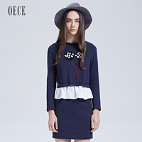 Oece2016春装新款女装 刺绣圆领长袖假两件连衣裙荷叶边