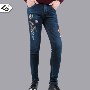 LD/唠叨2015年冬季新款贴布小脚牛仔裤 男士韩版弹力补丁牛仔裤