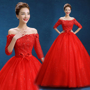 婚纱礼服2015新款大红色婚纱包肩中袖蕾丝新娘结婚婚纱齐地显瘦