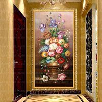 欧式纯手绘客厅玄关油画富贵牡丹花卉装饰画竖版单幅走廊壁画挂画
