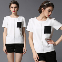 欧洲站2015夏装新款黑白拼接短袖T恤女韩范修身半袖小衫白色体恤