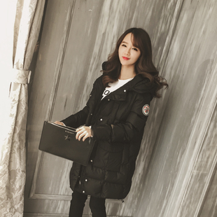 2015女装冬季新品韩版双口袋连帽大码棉衣中长款徽章加厚修身棉服