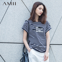 AMII旗舰店及简2015夏新字母印花海军风条纹包边圆领大码女T恤