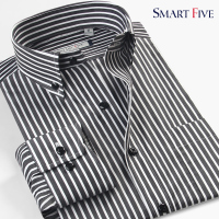 SmartFive 纯棉免烫经典百搭条纹商务扣领衬衫修身男长袖衬衣秋装