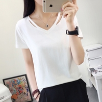 夏季短袖t恤女宽松上衣V领白色大码纯棉打底衫纯色简约韩版体恤衫