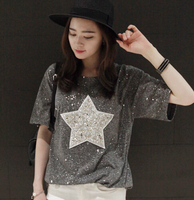 现货韩国代购女装闪亮片五角星星图案短袖宽松T恤 进口夏装