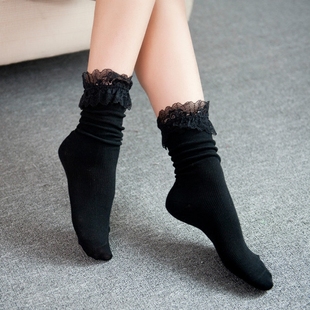 欧美可爱蕾丝大花边中筒堆堆袜 秋冬女士黑色短袜子 时尚舞蹈棉袜