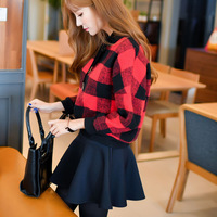 2016年秋冬季新款韩版女装毛呢格子蝙蝠袖上衣短裙两件套装裙包邮