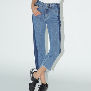 韩国正品代购stylenanda夏季新款韩版时尚休闲双色拼接切边牛仔裤