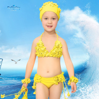 T台模特泳装走秀黄色儿童泳衣/小女孩子宝宝比基尼分体泡温泉套装