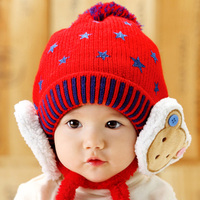 冬季新款韩版小熊加绒毛线护耳帽宝宝帽子男女儿童帽婴儿帽子
