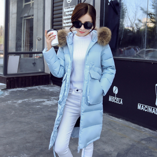 2015冬季韩版加厚保暖大毛领过膝羽绒服时尚修身大码女长款外套潮