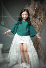 欧尚童趣正版儿童摄影服装 韩式女童写真套装 棉麻上衣+欧根纱裙