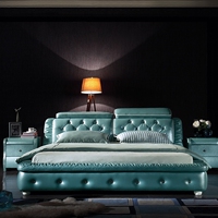 喜乐乐皮床双人床真皮床软床1.8米1.5婚床现代时尚小户型镶钻蓝色