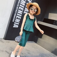 套装韩版女童新款纯色夏季宝贝木耳滚边吊带+阔腿七分裤两件套装