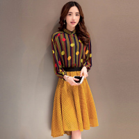 2016秋季新款韩版气质修身衬衫上衣裙子两件套休闲时尚印花套装女