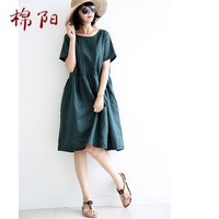 夏季新款韩版女装大码棉麻连衣裙女宽松纯色短袖复古亚麻连衣裙子