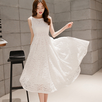 2015夏装新款女装气质显瘦无袖少女白色连衣裙女大摆蕾丝长裙子潮