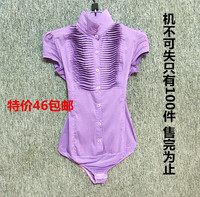春夏装包邮韩版职业OL通勤风琴褶紫衬衣双立领女长袖连体衬衫