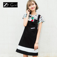 [H]ZK Girl2017夏季韩版时尚黑色白边中长款百搭背带女A字连衣裙