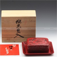 【日本茶具】新泻县文化财村上堆朱 花鸟纹剔红雕刻盖物带托 木箱