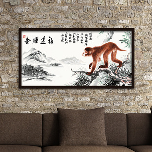 自油自画diy数字油画大幅中国风客厅书房手绘油画金猴送福包邮