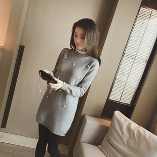 2015冬装韩国新款甜美钉珠镶钻套头针织打底衫中长款毛衣女长袖