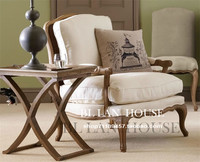 法式美式乡村麻布单人沙发新古典复古做旧实木样品房布艺老虎椅