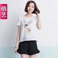 俏艺 2015夏季新款 韩版潮白色小鹿印花蕾丝短袖修身T恤女 3353