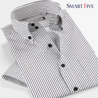 SmartFive 纯棉免烫黑白条纹男中年短袖衬衫修身商务半袖衬衣夏装