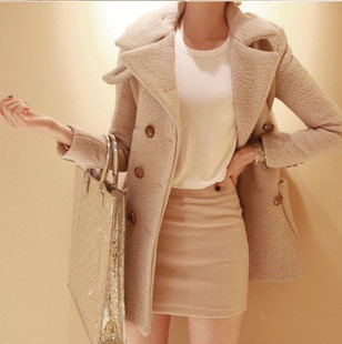2015秋冬新款韩版女装中长款风衣双排扣大衣加绒加厚羊毛呢外套女