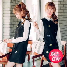 长袖中长款背带2016年秋季POLO领显瘦假两件韩版女装顺丰包邮