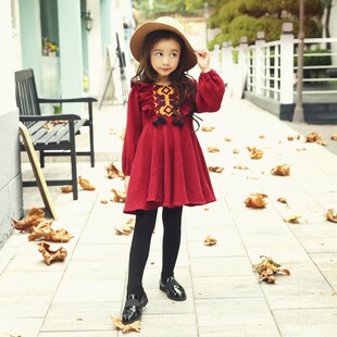 韩国女童装2016冬款儿童民族风流苏刺绣加绒长袖连衣裙高腰裙子