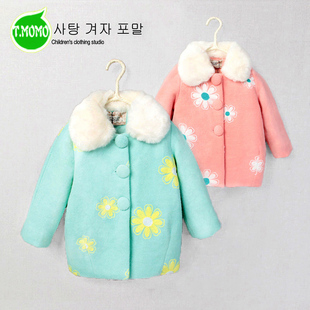韩国代购 冬装新款儿童毛呢子外套纯羊毛可爱兔毛领女童呢子大衣