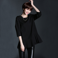 2015春装新品宽松七分袖与长袖短款甜美拼接黑色欧美风连衣裙