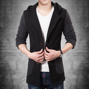 特价秋冬新款 韩版青少年修身中长款风衣 男学生拼接连帽全黑外套