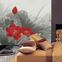 艺术壁画 中国画工笔荷花 莲花 客厅卧室背景墙 大型壁画 壁纸