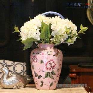 【新品上市】美式乡村做旧复古花瓶客厅工艺装饰品陶瓷彩蝶春蕾