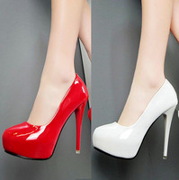 韩国性感简约大方亮皮红色防水台气质细跟超高跟单鞋12公分女鞋