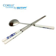 韩国SMF陶瓷手柄不锈钢大勺圆筷2件白底青花图案把勺筷套装餐具
