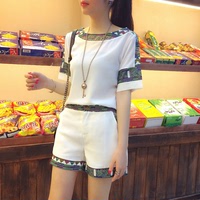 2016韩版夏季新款潮流女装修身短袖雪纺上衣+短裤时尚两件套